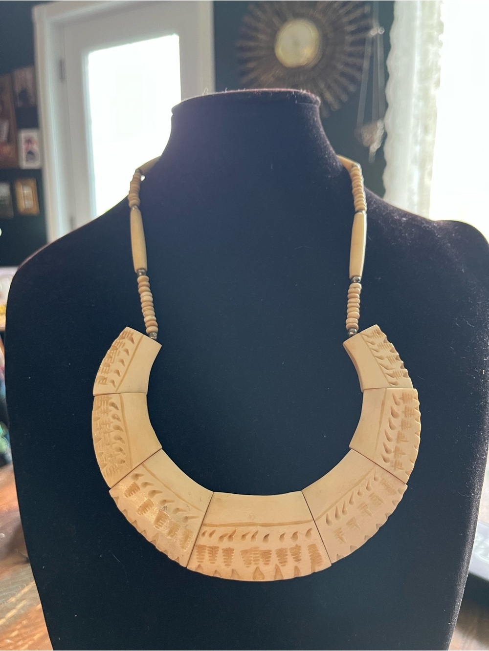 Vintage Hand Carved Bone Necklace Tribal Boho Ethnic Safari Resort Statement
